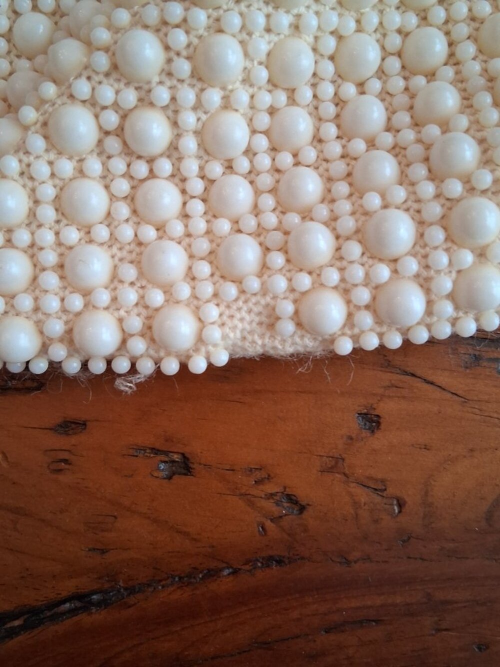 Vintage White/ Beige Beaded Lined Drawstring Bag Pouch - Picture 5 of 8